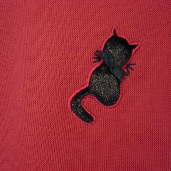Red Knit Cardigan Sweater Jacket Faux Fur Collar Black Cats Size Medium Large XL - Picture 8 of 11